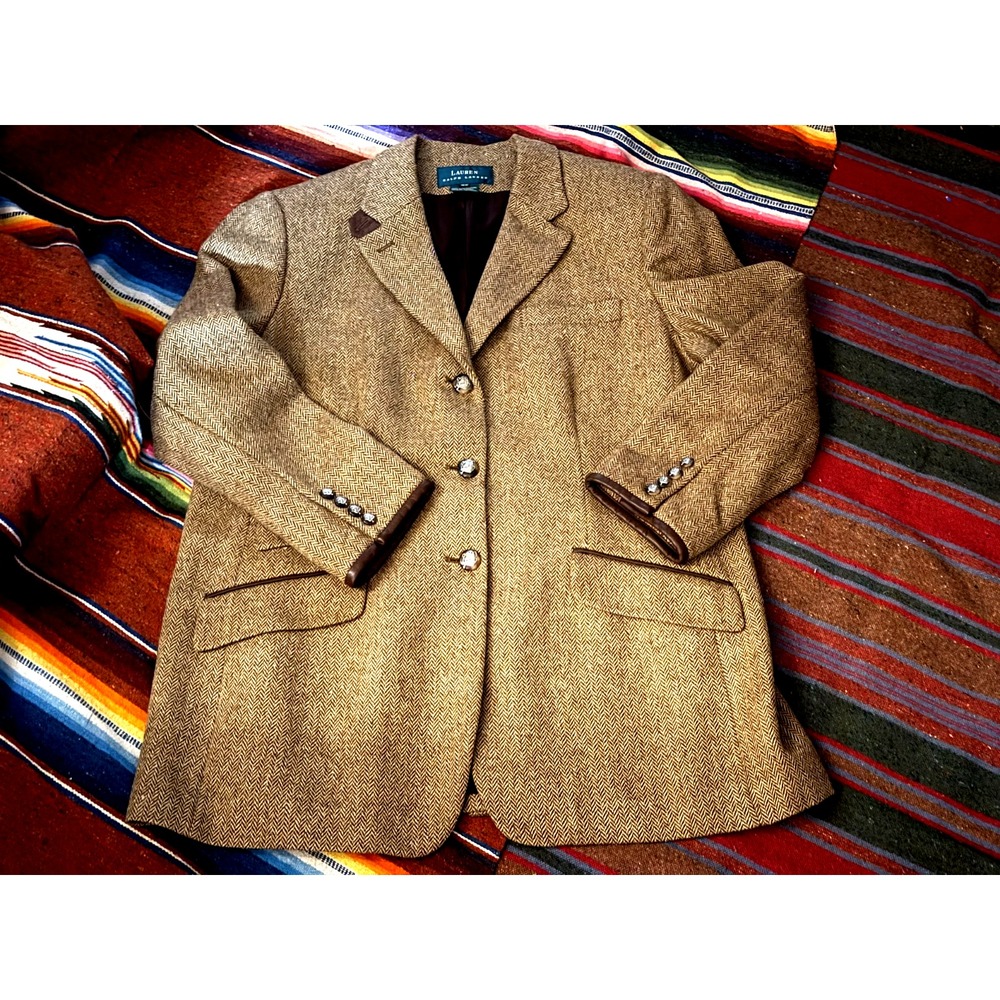 Lauren Ralph Lauren Brown Herringbone Button Equestrian Blazer Sz 16W Wool/Silk